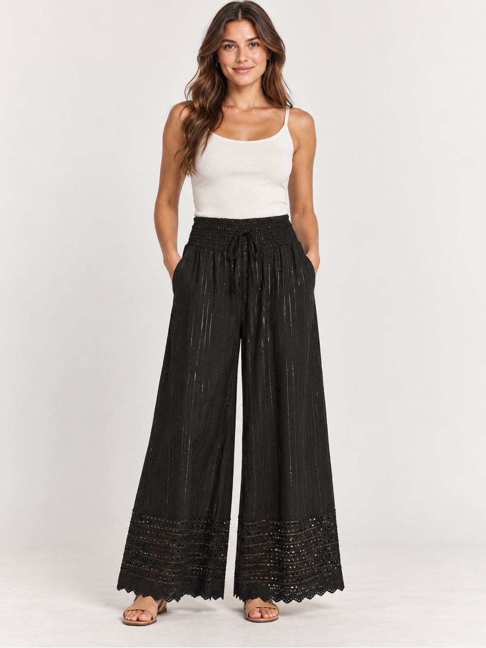 Dress Naoo Wide-Leg Cotton Pants with Eyelet Hem